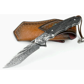 Damascus Blade Material Ebony Handle Camping Outdoor Folding Pocket Knife UD406682